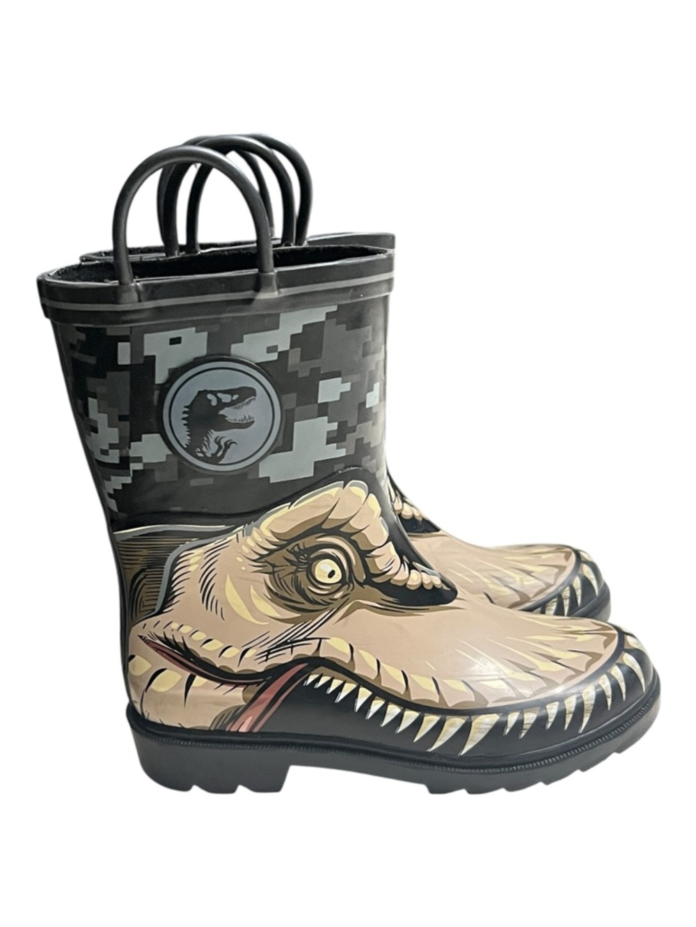 Kids Dinosaur Rain Boots with Camouflage Print - Black & Tan Size 12